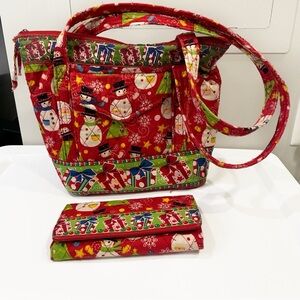Christmas Quilted Tote Bag + Wallet Set | Snowman Holiday Print | Festive Gift